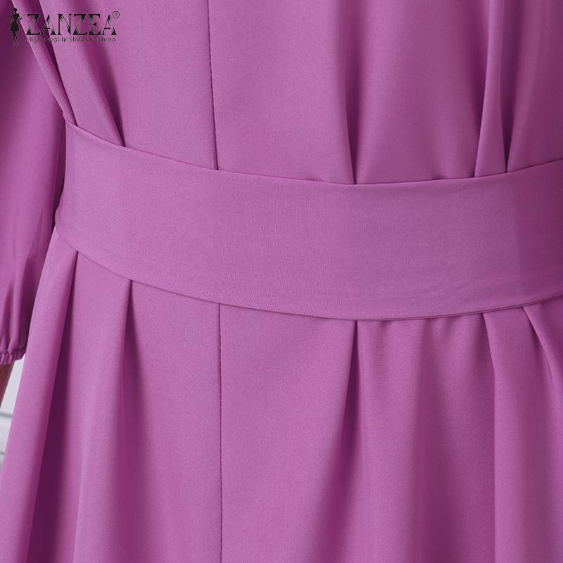 ZANZEA Women Casual V-Neck Loose 3/4 Sleeve Plain Long Dress
