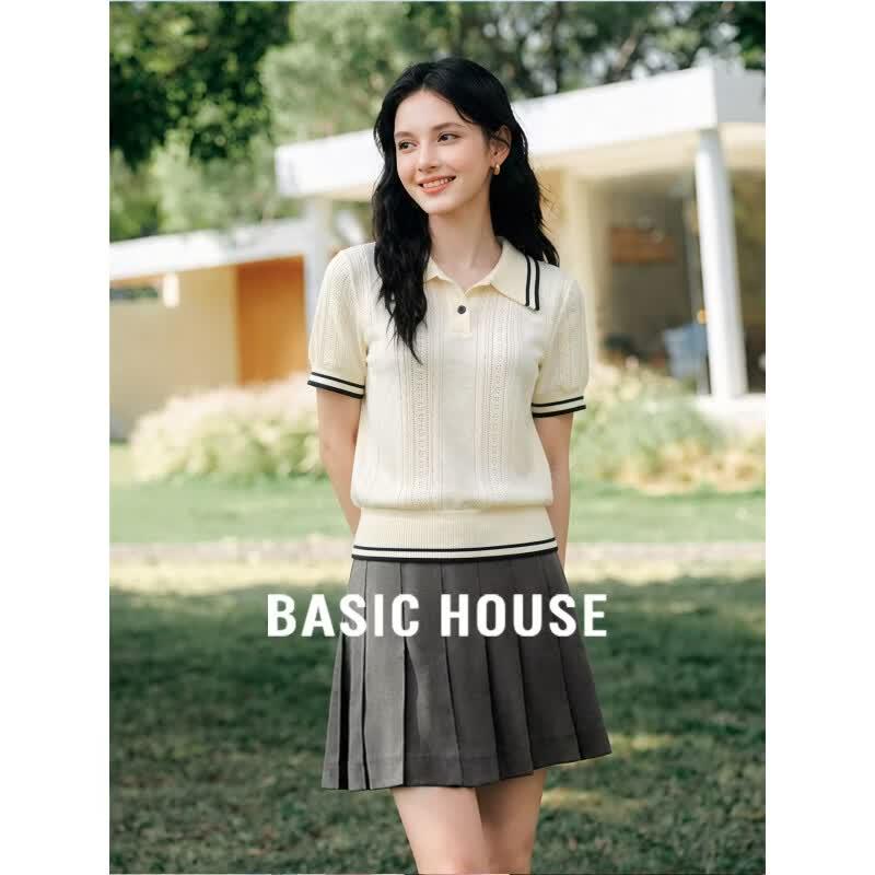 Basic House Women s French Hollow-Out Knitted POLO Shirt L