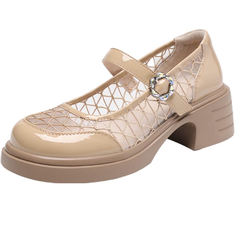 ZHR Mary Jane Hollow Mesh Chunky Heel Shoes 36