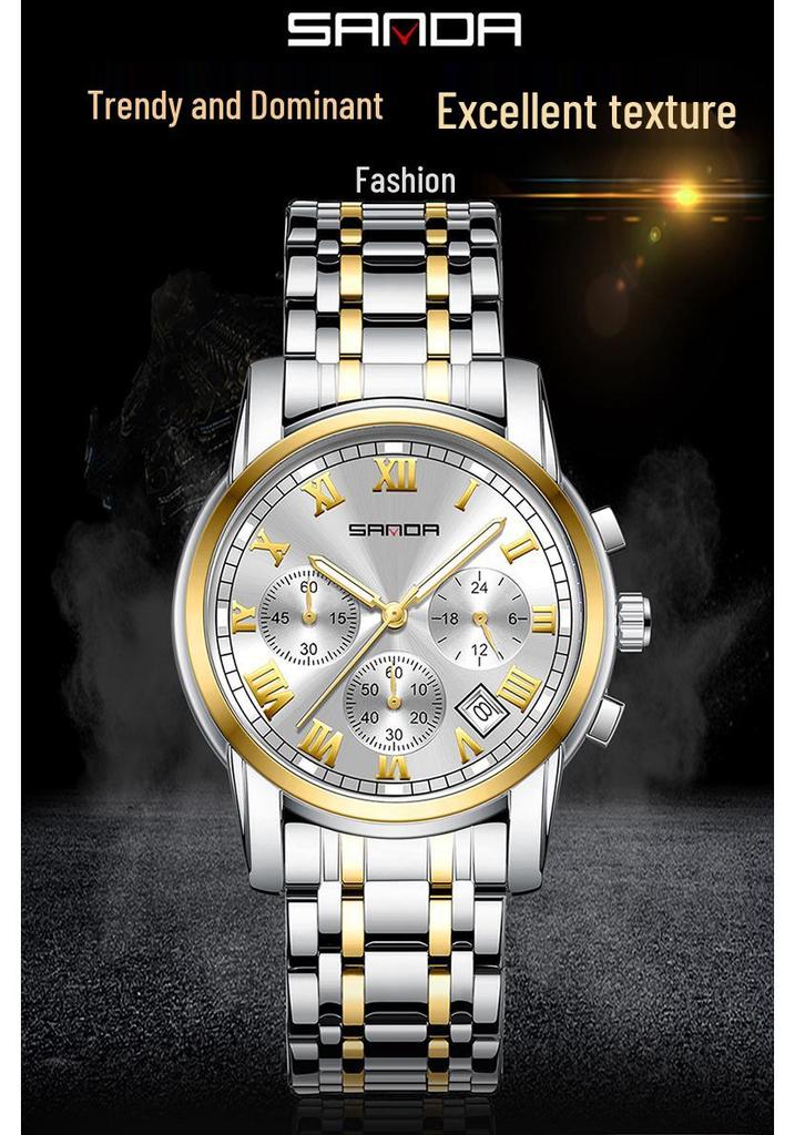 Sanda Men's Waterproof Luminous Quartz Watch - Fashionable Three-Eye Six-Hand Design with Steel Band.