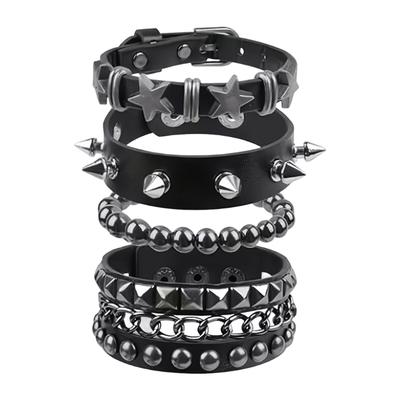 Pack of 4 Punk Rock Riveted Leather Bracelets Set for Men and Women Ideal for Concerts Parties Halloween and Gothic Fashion Accessories
