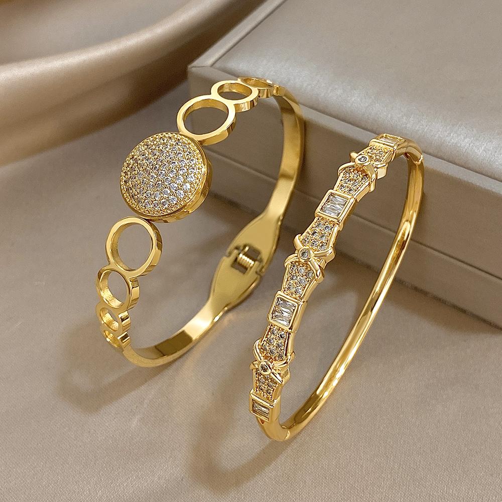 New Stainless Steel Waterproof Cuff Bracelet Bangle for Women Exquisite Shiny Inlaid Zircon Geometric Stacked Jewelry Gifts