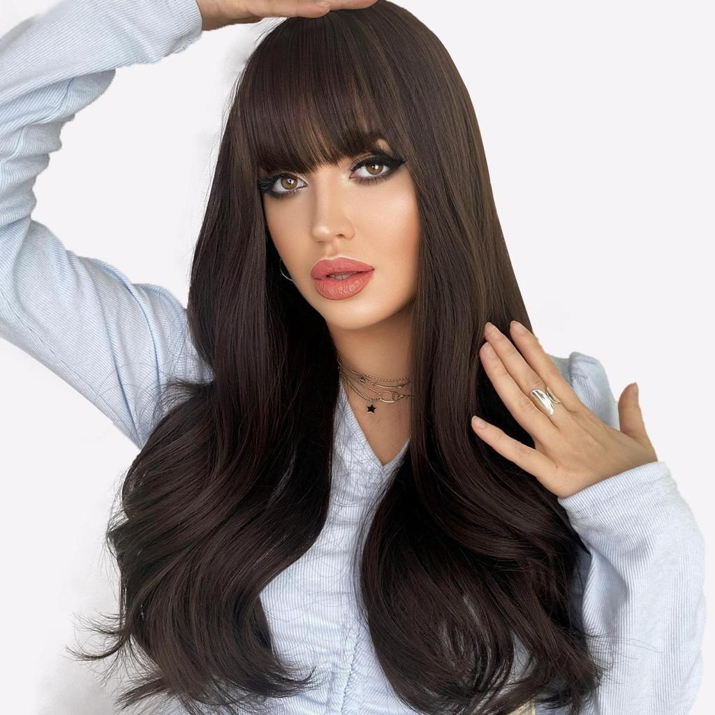 Voluminous Long Curly Wig with Feathered Bangs - Natural Looking Body Wave, Heat-Resistant Daily/Party/Wedding Hairpiece (Breathable Lightweight)