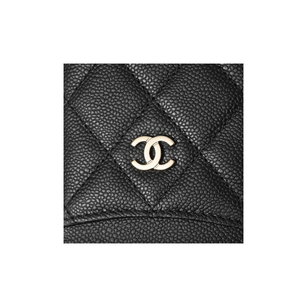 Chanel 24C Dikey Altın Tokalı Elmas Izgaralı Liçi Dana Derisi Bozuk Para Cüzdanı Klipsli Kart Çantası Kadın Siyah