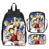 Set Zaino 3 Pezzi Stampato One Piece Cartone Animato Pirata Blu Marinaio Zaino Scuola Elementare Grande Capacità Resistente all'Acqua Zaino per Bambini