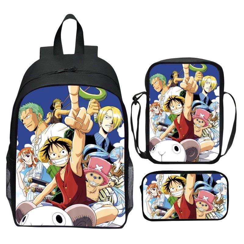 Set Zaino 3 Pezzi Stampato One Piece Cartone Animato Pirata Blu Marinaio Zaino Scuola Elementare Grande Capacità Resistente all'Acqua Zaino per Bambini