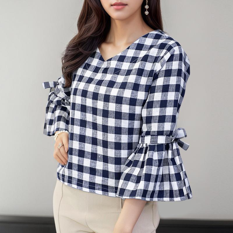 ZANZEA Women Casual V-Neck 3/4 Sleeve Loose Grid Print Blouse