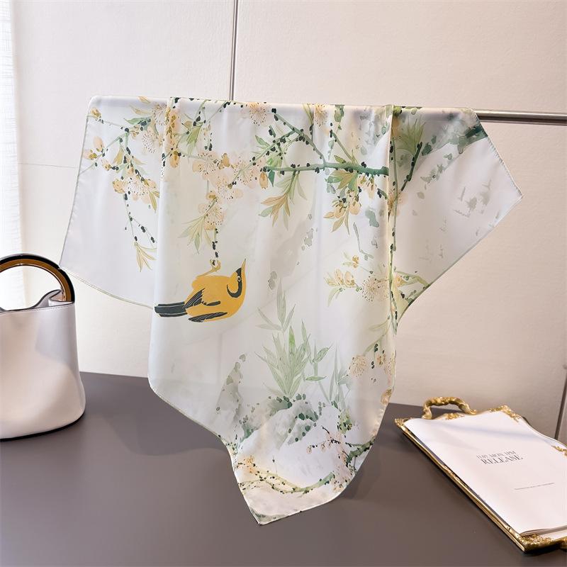 71Cm Small Square Scarf Imitation Silk Scarf Headscarf Flower and Bird Yingchun Printing Neck Protection Scarf Professional Versatile Scarf Scarf Scar