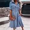 European & American Style Women's Solid Color Lapel Slim Fit Denim Swing Dress