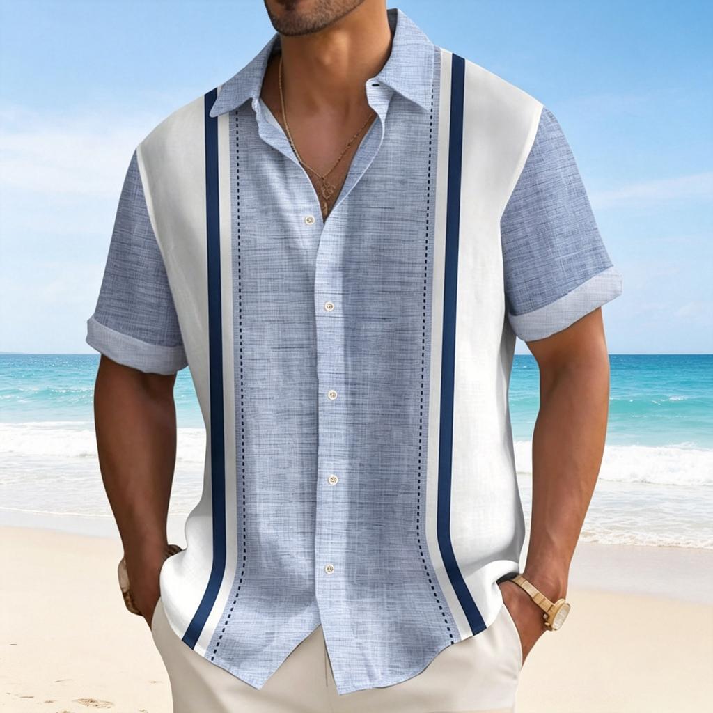 Men's Casual Loose Fit Short Sleeve Button Down Shirt with Vertical Stripe Print Lightweight Breathable Fabric for Daily Wear