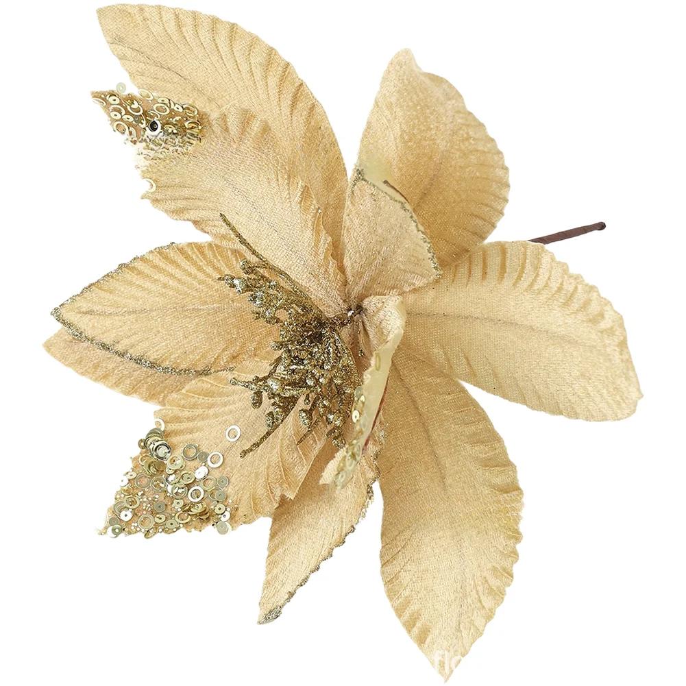 6Pcs Artificial Glitter Flowers Christmas Tree Ornaments For Xmas Holiday Party Glitter Artifical Christmas Flowers