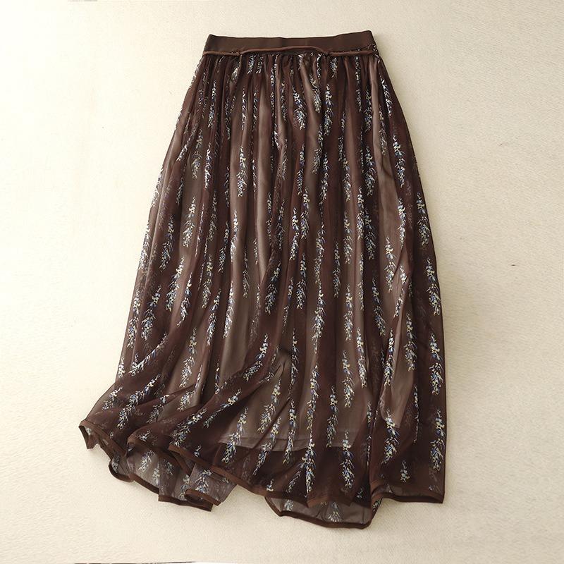 Summer new literary loose chiffon floral skirt women's medium and long anti-penetration gauze skirt A-shaped skirt