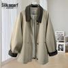 Women's Lyocell Blend Color Block Lapel Raglan Sleeve Jacket
