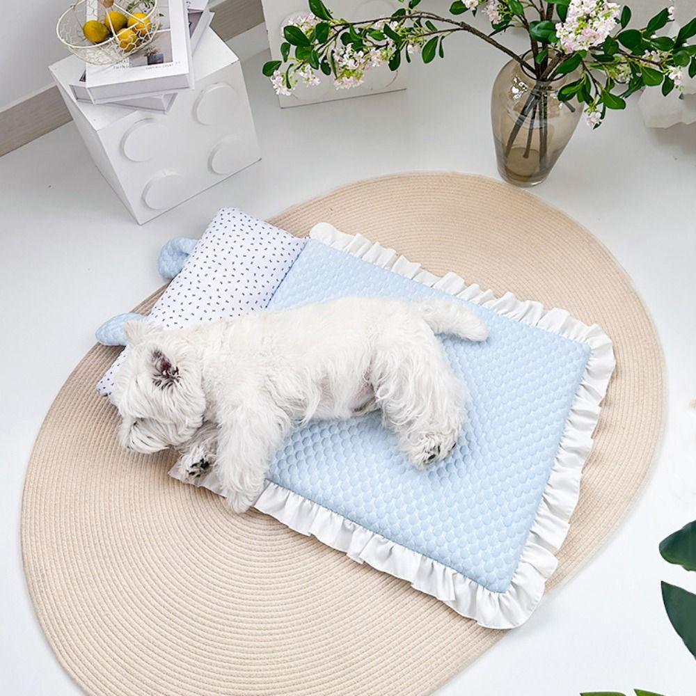 Ice Silk Fabric Pet Cooling Mat Washable Cooling Pet Bed Cute Ears Breathable Dog Bed Summer Use