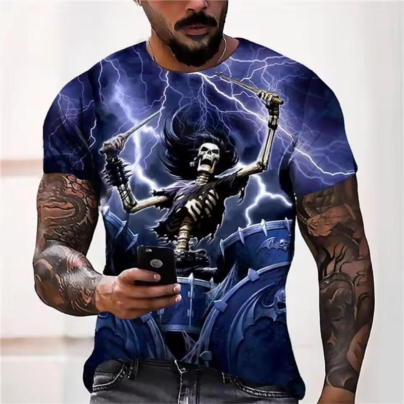 Men's Casual T-Shirt Skull Graphic Black Short Sleeve Crew Neck Tee Cool Streetwear Halloween Fashion Top
