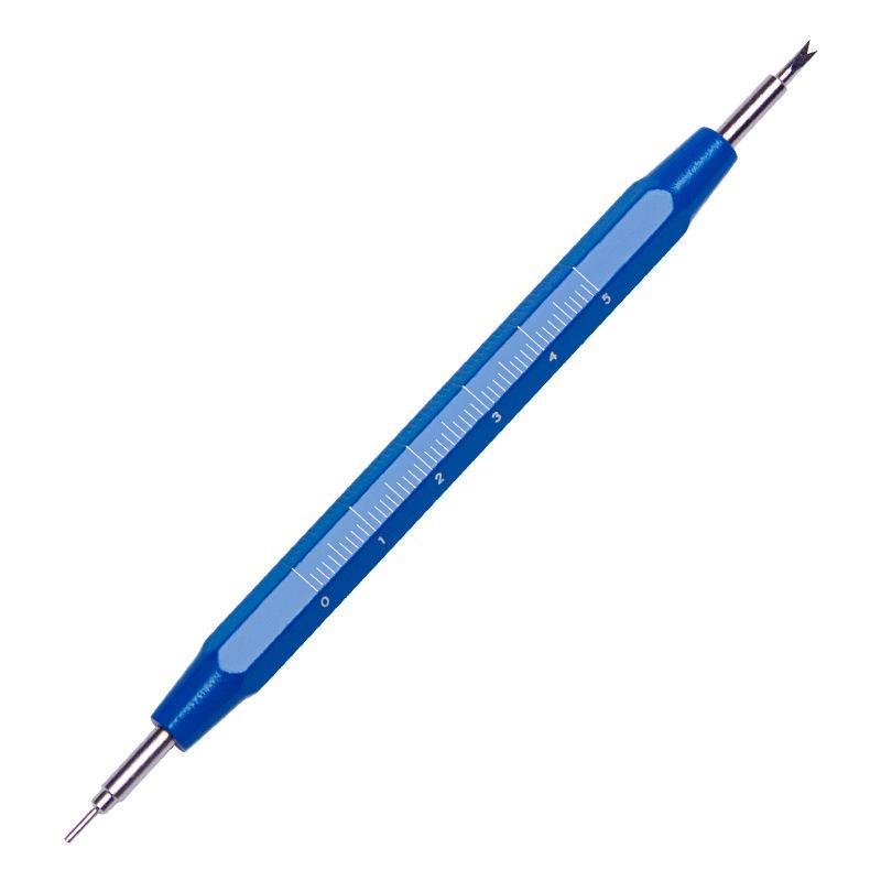 Celokovová sada nářadí pro opravu a údržbu hodinek se stupnicí a nástrojem na pružné stěžejky pro demontáž řemínku a kolíčků na uši.