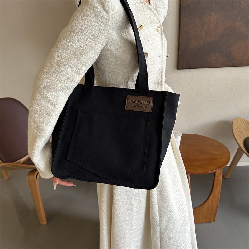 2025 Canvas New Large-capacity Casual Simple Fashion Simple Portable Solid Color Tote Shoulder Bag Women