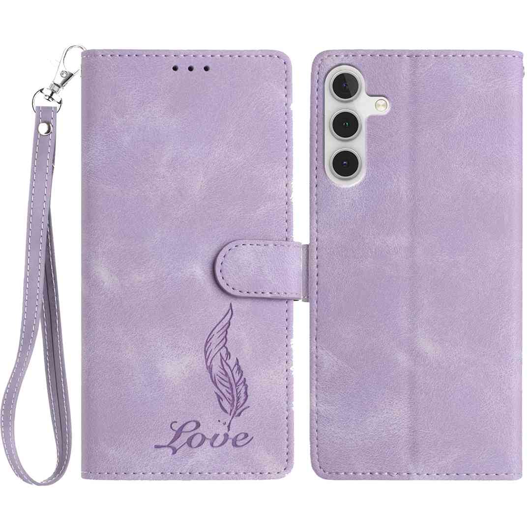 

For Samsung Galaxy A16 4G/5G Case Imprinted Feather PU Leather Wallet Phone Cover with Wrist Strap Purple