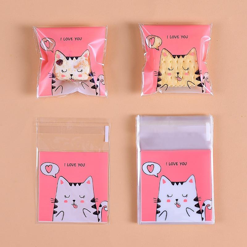 100Pcs 7x7+3cm Small Plastic Cartoon Self-Adhesive Bakery Packaging Cookie Snack Candy Bags Xmas Party Gift