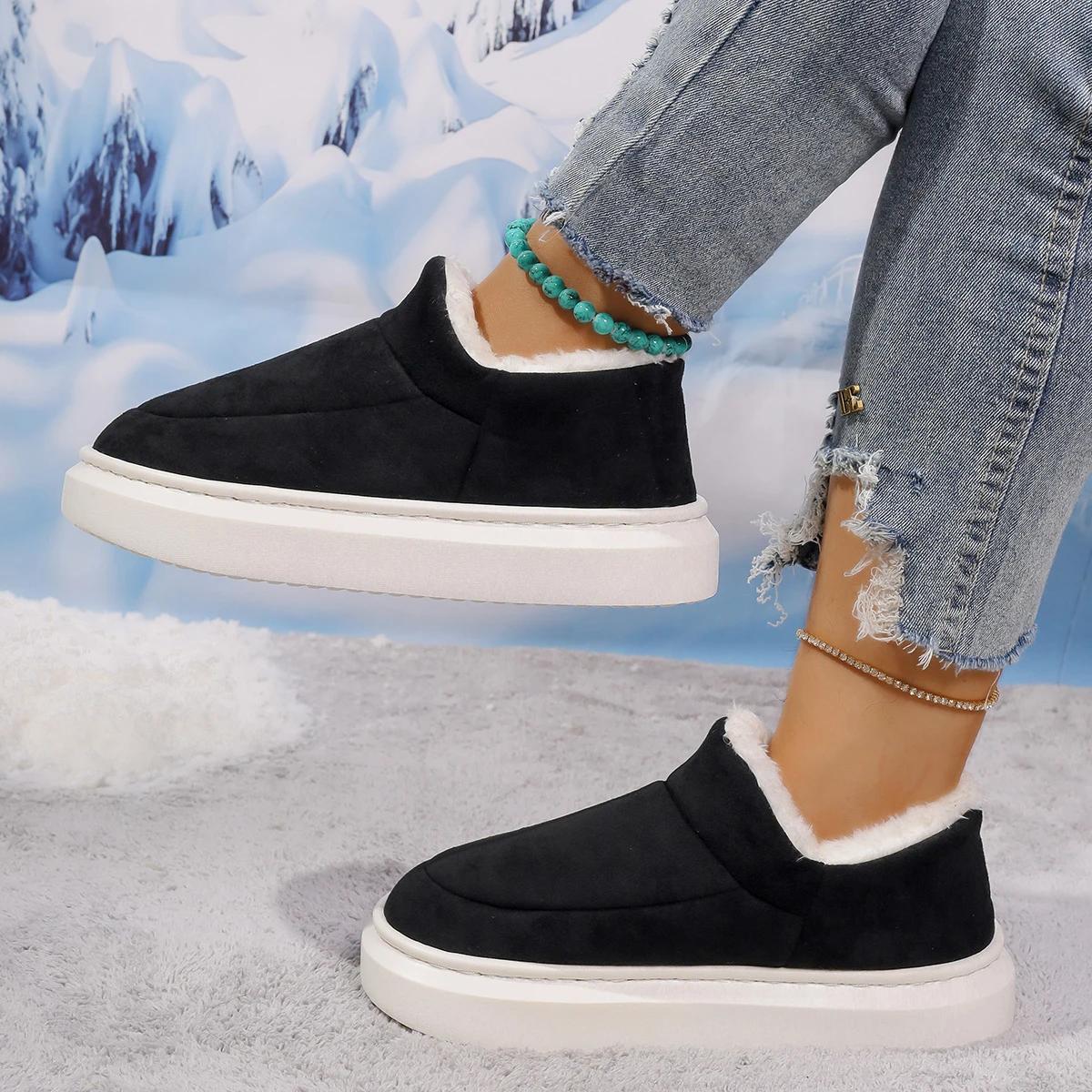 

2024 Новые удобные женские ботинки слипоны на толстой подошве в стиле кэжуал, устойчивые к холоду, зимняя мода, с круглым носком, на плоском каблуке, теплые зимние ботинки для снега 36-37 чёрный