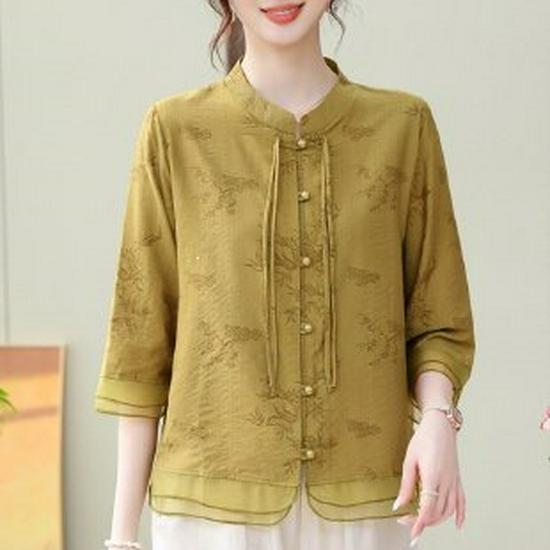 Mom s 2026 Elegant Chinese-Style Summer Suit: Chic Short-Sleeved T-shirt for Middle-Aged & Elderly Women XL