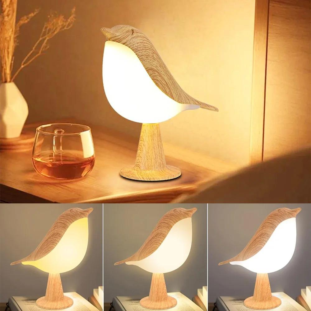 Minimalist Magpie LED 3-color Bedlight Wooden Bird Night Light Touch Bedroom Desk Lamp Home Decoration Light