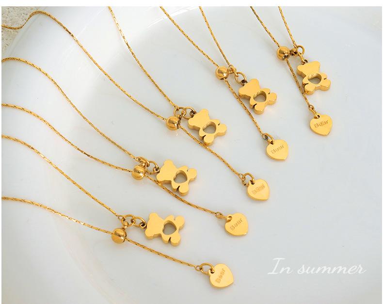 Adjustable Titanium Steel Heart-Shaped Necklace with Bear Pendant: European & American Retro Style