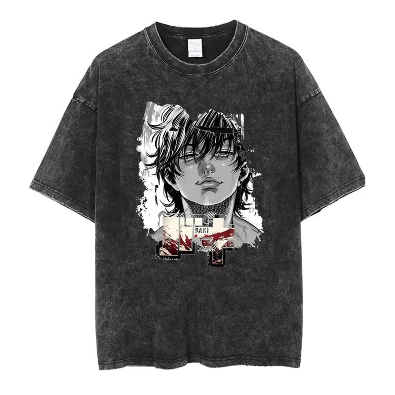 Baki Print Vintage Baumwoll-T-Shirt Herren Damen Sommer Lässig Übergroß Streetwear Fitnessstudio Workout Training Kurzarm Grafik-T-Shirt