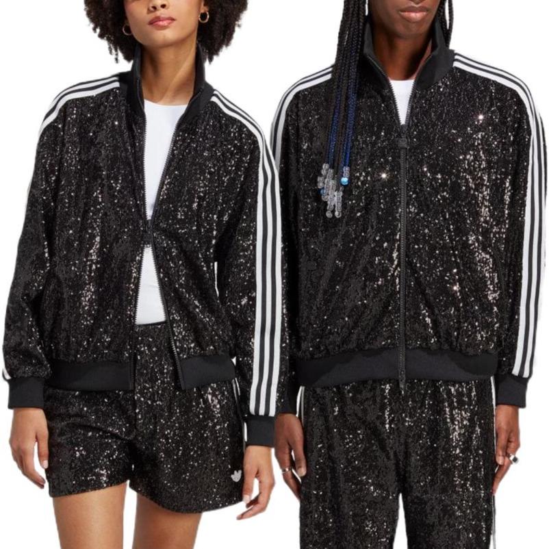 Adidas Originals Trefoil Sparkle Stripe Track Jacket Unisex Jackets Black HM2054