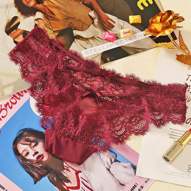 Sexy Lace Low Waisted Underwear Cross Bow Transparent Underpant Mesh Hollowed Out Semi Wrapped Buttocks Seamless Panties