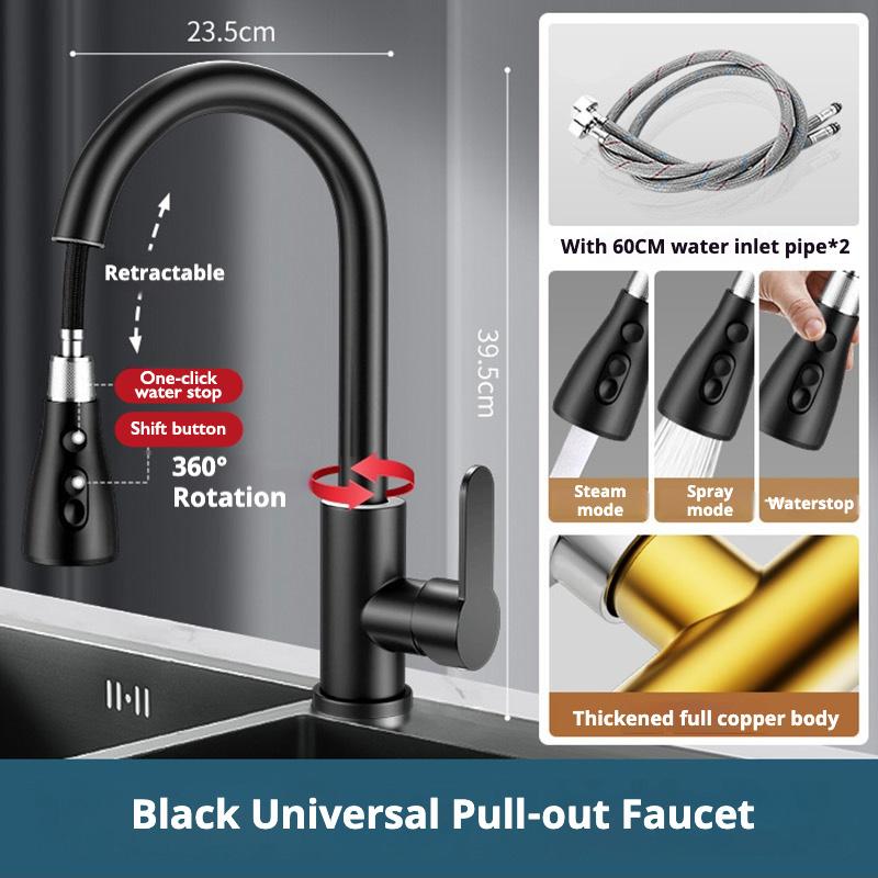 Kitchen Faucet with Pull Down Sprayer Head 360 Rotation Hot and Cold Water Silver Black Pull-out Kitchen Sink Faucet Single Hole