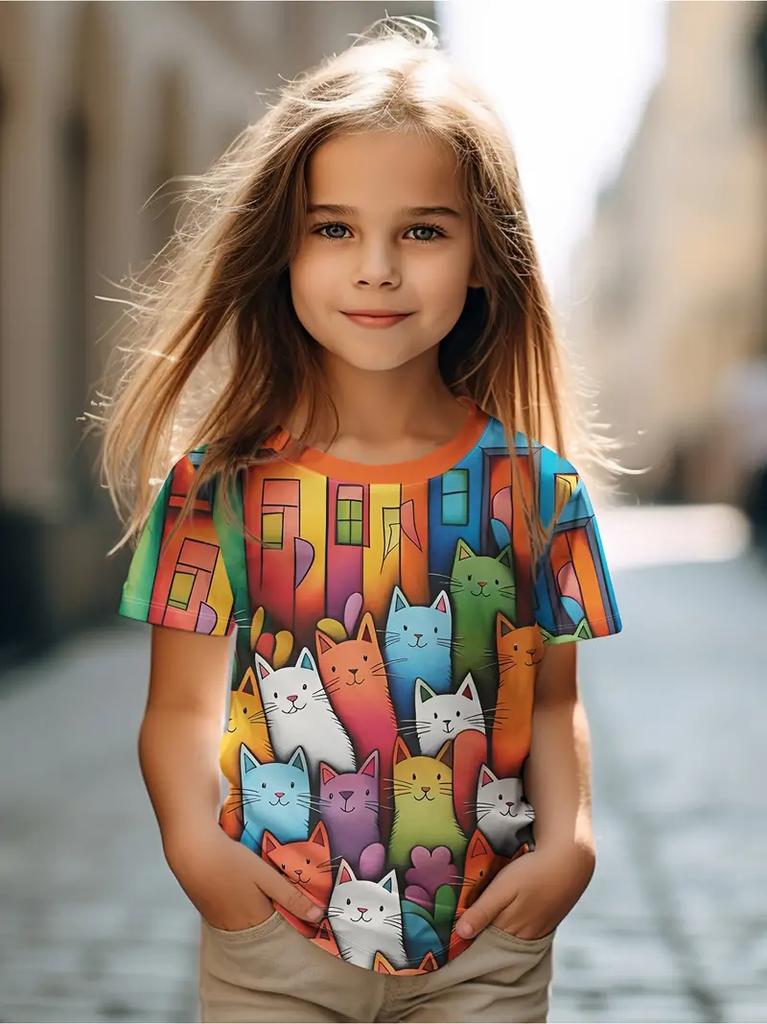 Kinderkleidung Kinder T-Shirt Mädchen Kurzarm Top Cartoon Katze Kawaii Mädchen Sommerkleidung Kinder T-Shirt Kinderkleidung