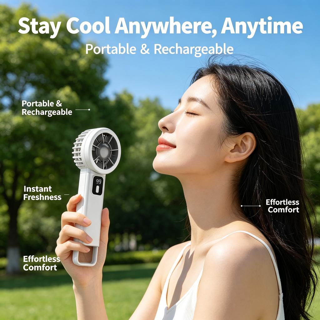 Mini ventilador de mano portátil recargable USB con pantalla digital y gancho de sujeción
