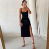 Samt Schwingkragen Ärmellos Slip Sexy Schlitz Maxi Kleid Abendparty Damen Elegant Streetwear Y2K Kleider