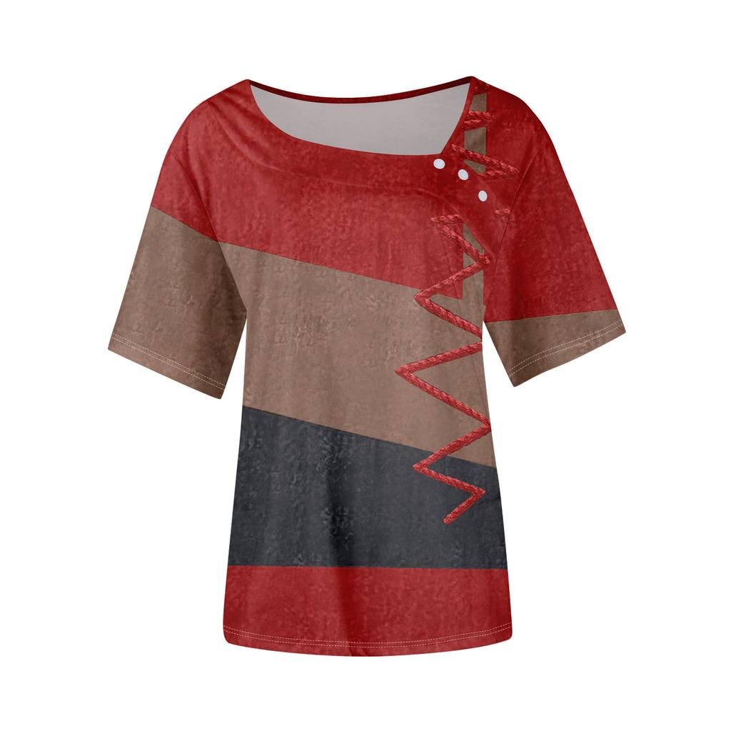 Women's Casual Printed Asymmetric Neck Short Sleeve Decorative Button T-Shirt Top