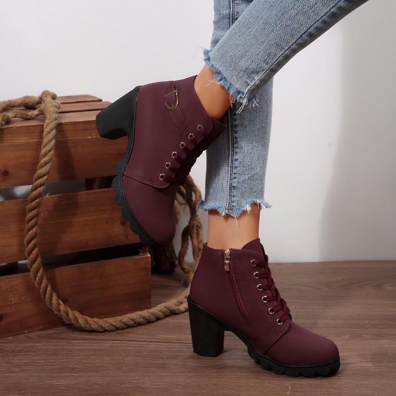 Large Size Autumn and Winter New High-heeled Women's Boots Cross-strapped Short Boots Thick-heeled Martin Boots Leather Boots Women