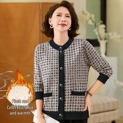 Pastellfarbener Damen-Karostrick-Cardigan mit Fleecefutter