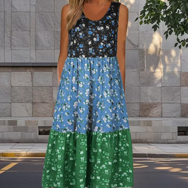 Dams blommig klänning med falsk tvådelad design, tryck med blomstermönster och lappteknik, ärmlös, rundhalsad, lös, mjuk och bekväm, plus size