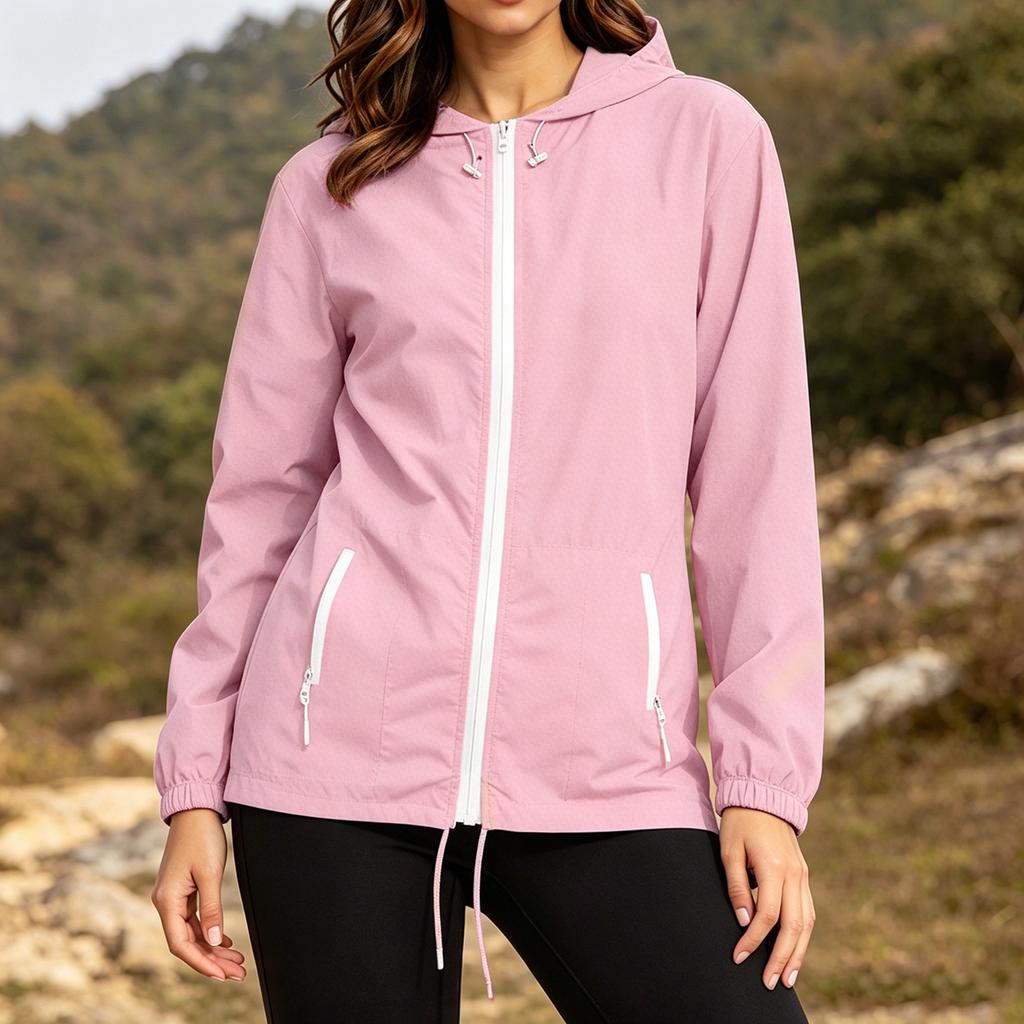 Women Plus Size Lightweight Zip Up Hooded Jacket Long Sleeve Packable Windbreaker with Storage Pouch for Outdoor Travel Hiking Running