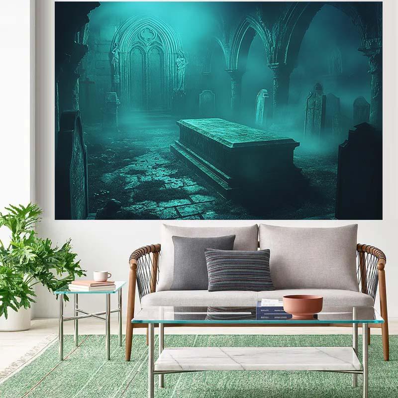 1 Halloween Gothic Grabstein Hintergrundtuch mit mystischem Nebel-Effekt, kein Strom benötigt