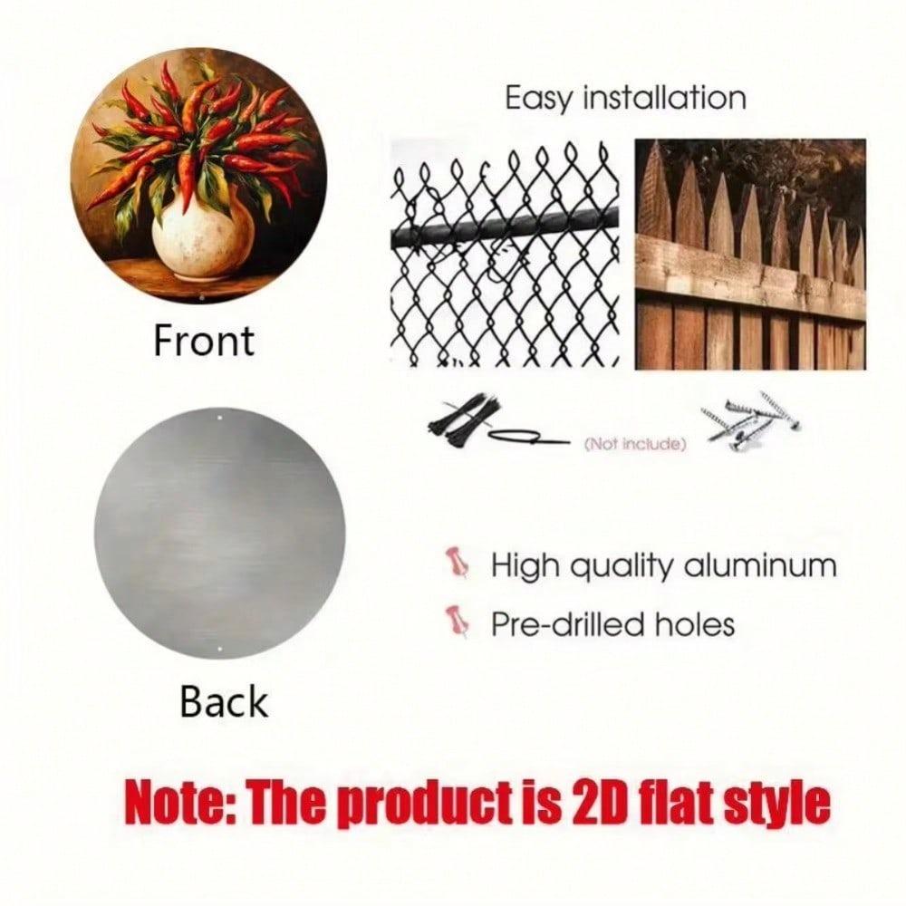 2D Round Aluminum Tin Sign 8x8 Inch Chili Pepper Vintage Wall Decor Rustproof Bar Kitchen