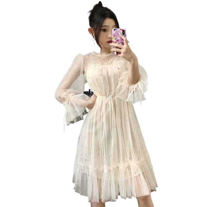 2026 Spring/Summer Star Sequin Fairy Dress with Mesh Bell Sleeves and High Waist Lace-up Design