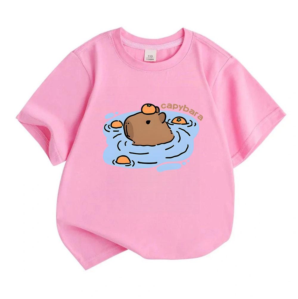 Kids Boys Girls 100% Cotton Short Sleeve Crew Neck T-Shirt, Cute Capybara Orange Bathing Pattern Casual Lightweight Summer Tops for Daily Wear