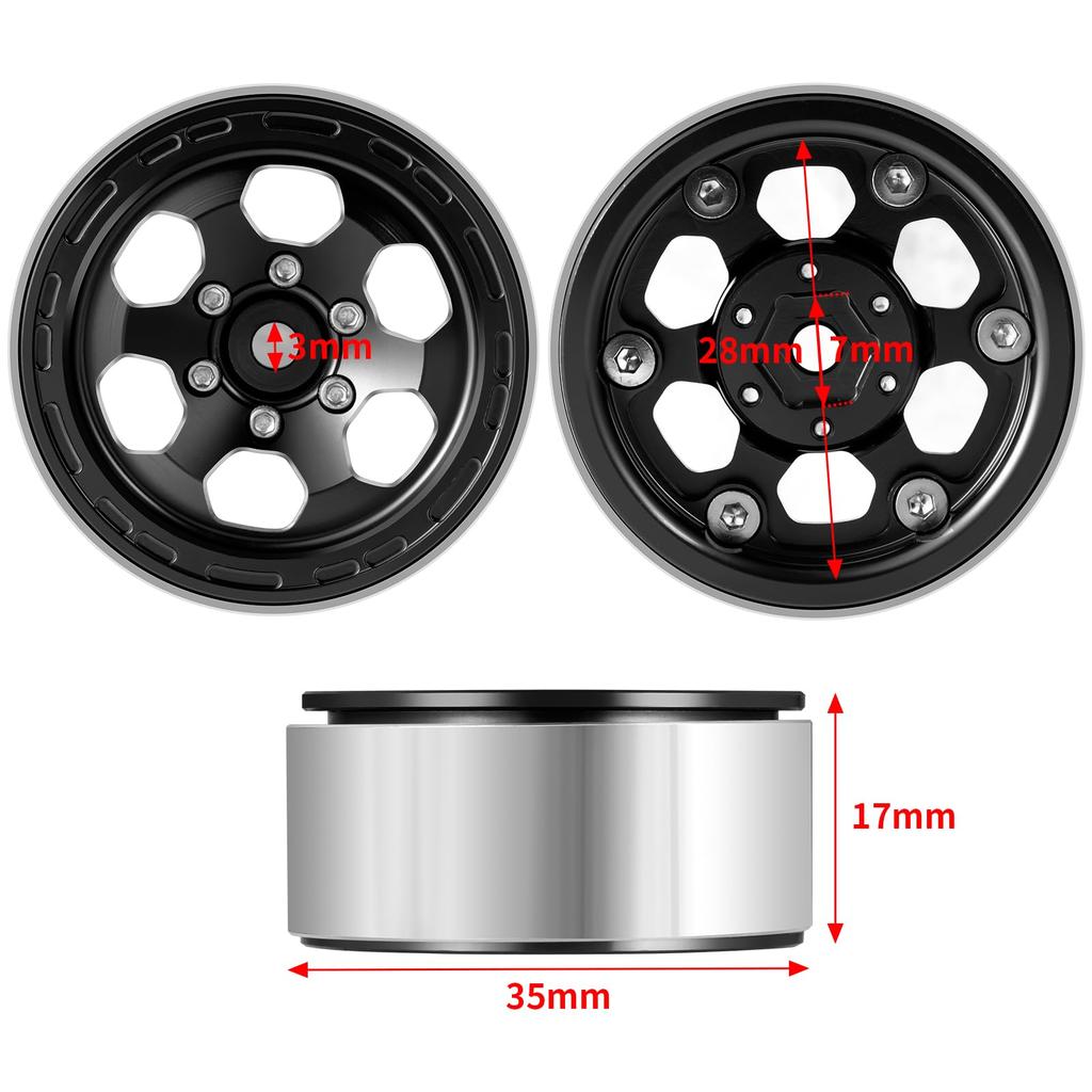 RCMAZO 4-Piece 1.3" Wheel and Tire Set, 1.3-Inch Aluminum Beadlock Wheel Rims with 7027mm Mud Terrain Rubber Tires for 118 124 SCX24 TRX4M RC Cars