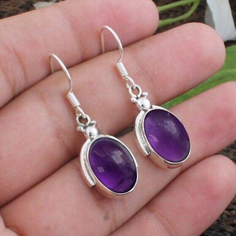Oval Amethyst Earring-Handmade Earring- 925 Sterling Solid Silver Earring