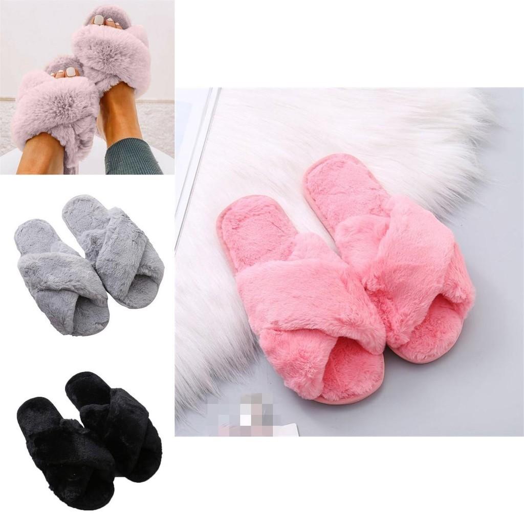 Stylish Ladies Fur Fluffy Slippers Cross Furry Summer Mules Shoes In Black