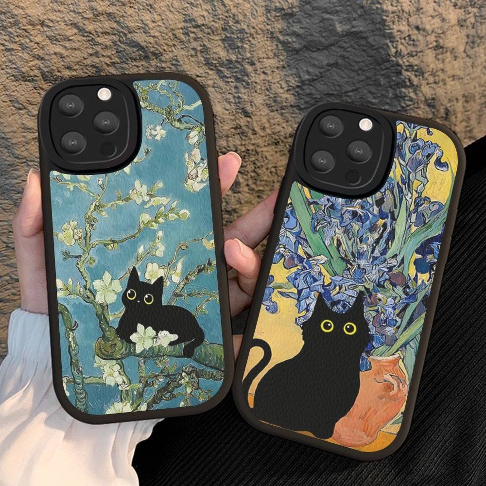 Funny Cats Van Gogh Phone Case For IPhone 16 15 14 13 Pro Max 11 12 Plus Leather Silicone Cover