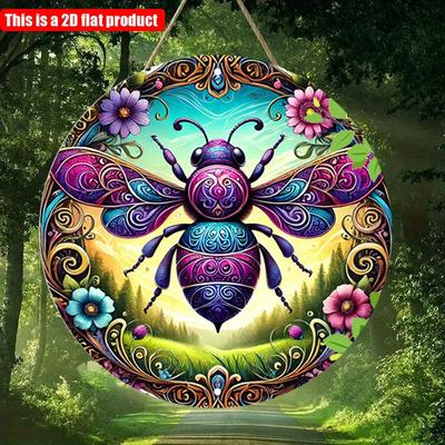 2D Flat 20*20cm1pc Colorful Bee and Floral Design Round Wall Art Decor, Gorgeous Reliable Quality Environmental Embellish, Retro Garden Logo for Home
