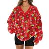 Women's Fashionable V-neck Christmas Printed Long Sleeved Casual Pullover Plush Warm Pocket Sweatshirt Top