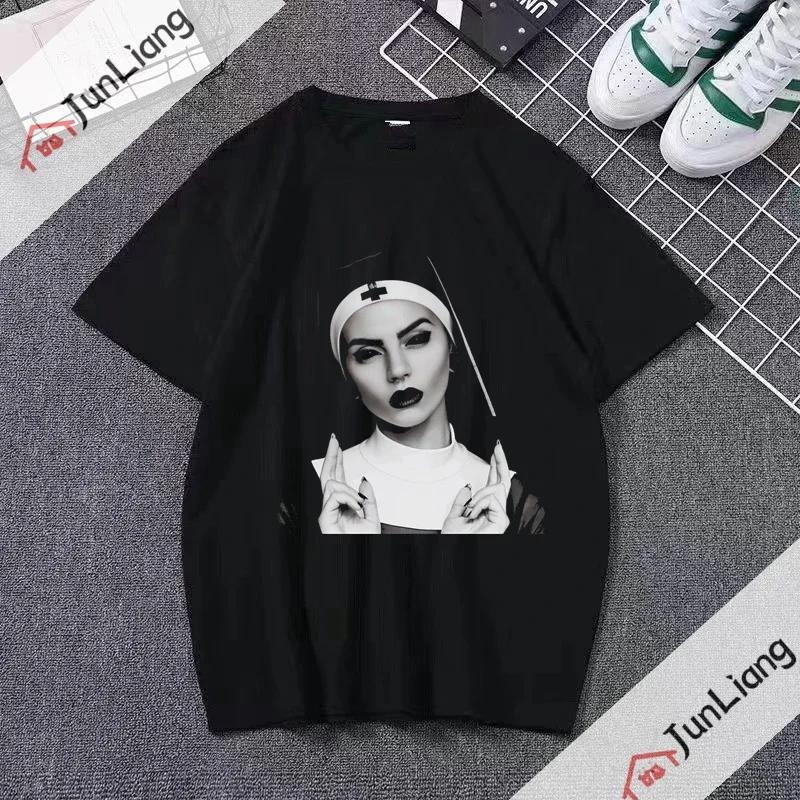 Smoking and Drinking Nuns Religious T-shirt, Cute Unisex T-shirt Short Sleeved Summer Crew-neck Plus Size Breathable Clothing